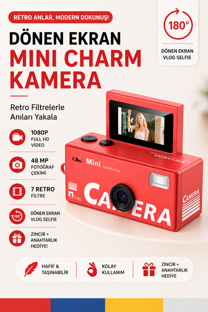 Mini Charm Kamera Dönen Ekran Flaşlı Selfie Video Vlog Kamerası 1080P+48MP (Kırmızı)