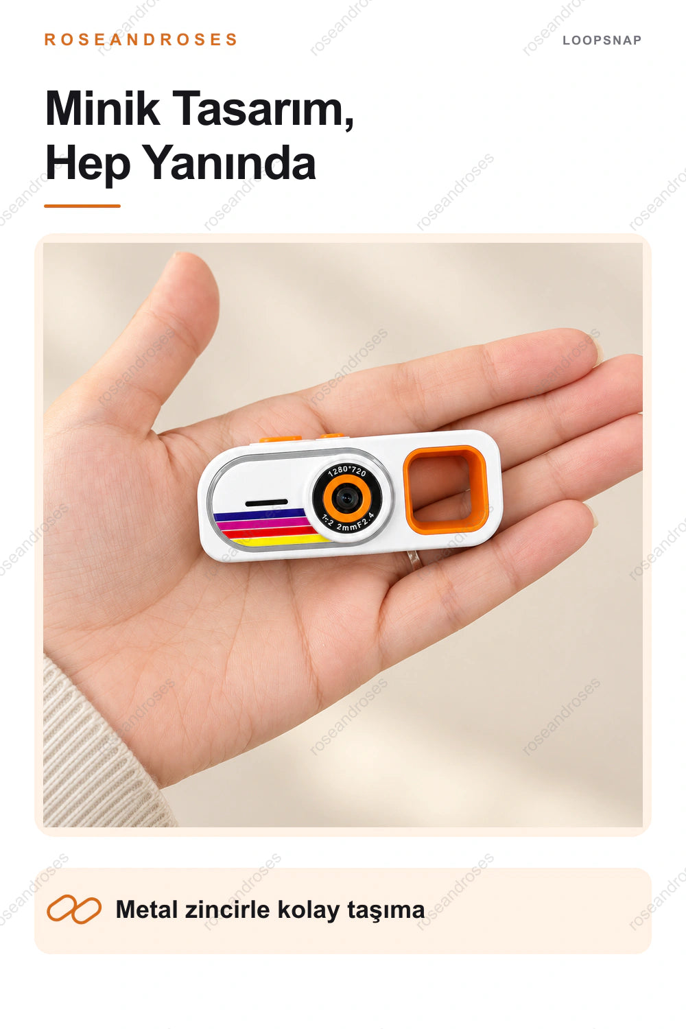 LoopSnap mini kameranın taşınabilir tasarımı ve metal zinciri (Beyaz)