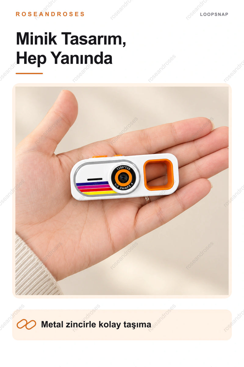 LoopSnap mini kameranın taşınabilir tasarımı ve metal zinciri (Beyaz)