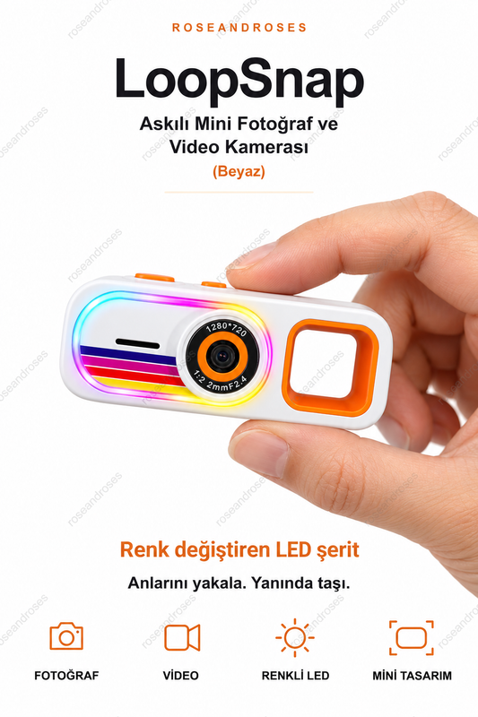 LoopSnap Beyaz mini kamera — parmaklar arasında tutuş ve renk değiştiren LED şerit