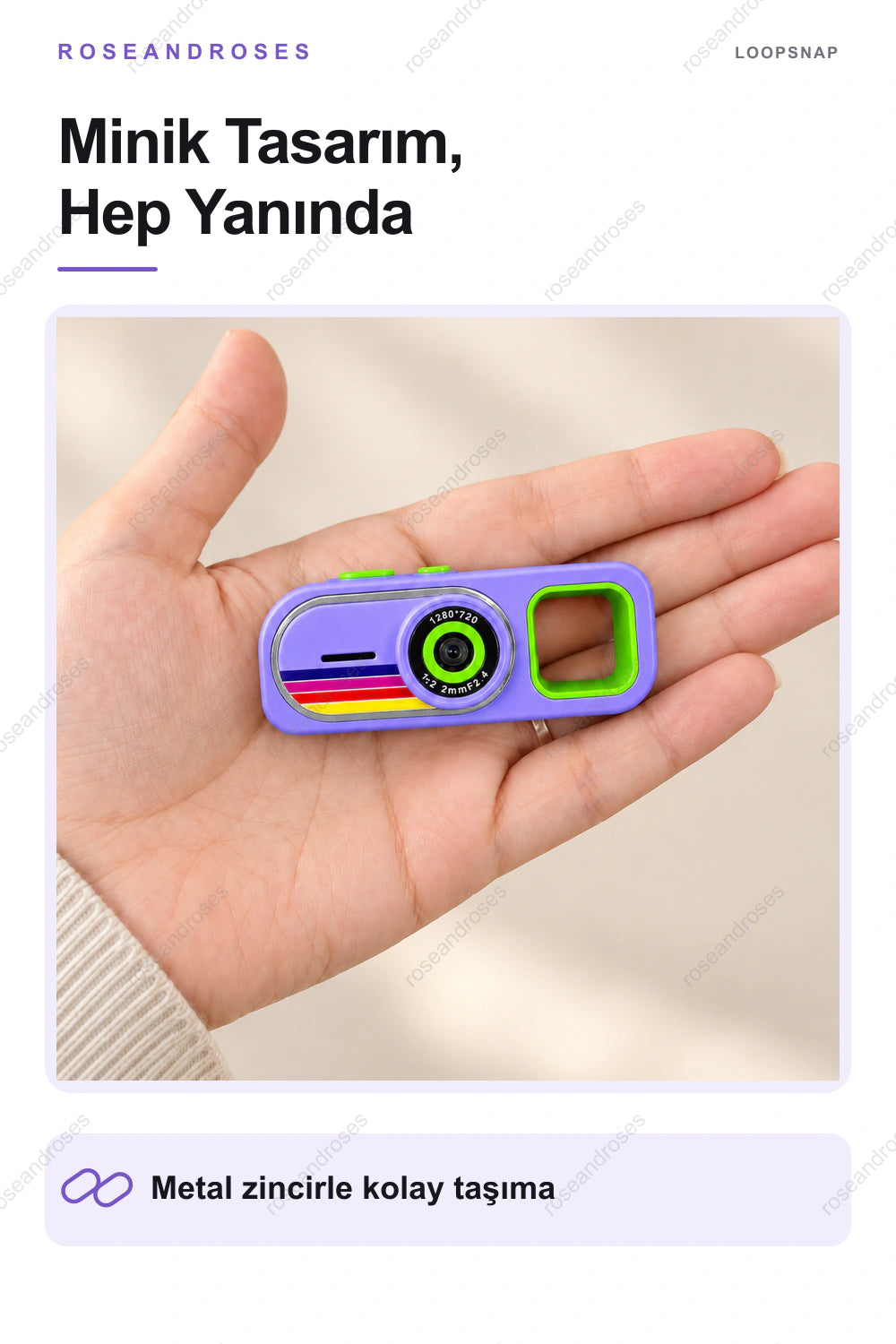 LoopSnap mini kameranın taşınabilir tasarımı ve metal zinciri (Mor)