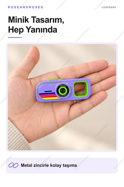 LoopSnap mini kameranın taşınabilir tasarımı ve metal zinciri (Mor)