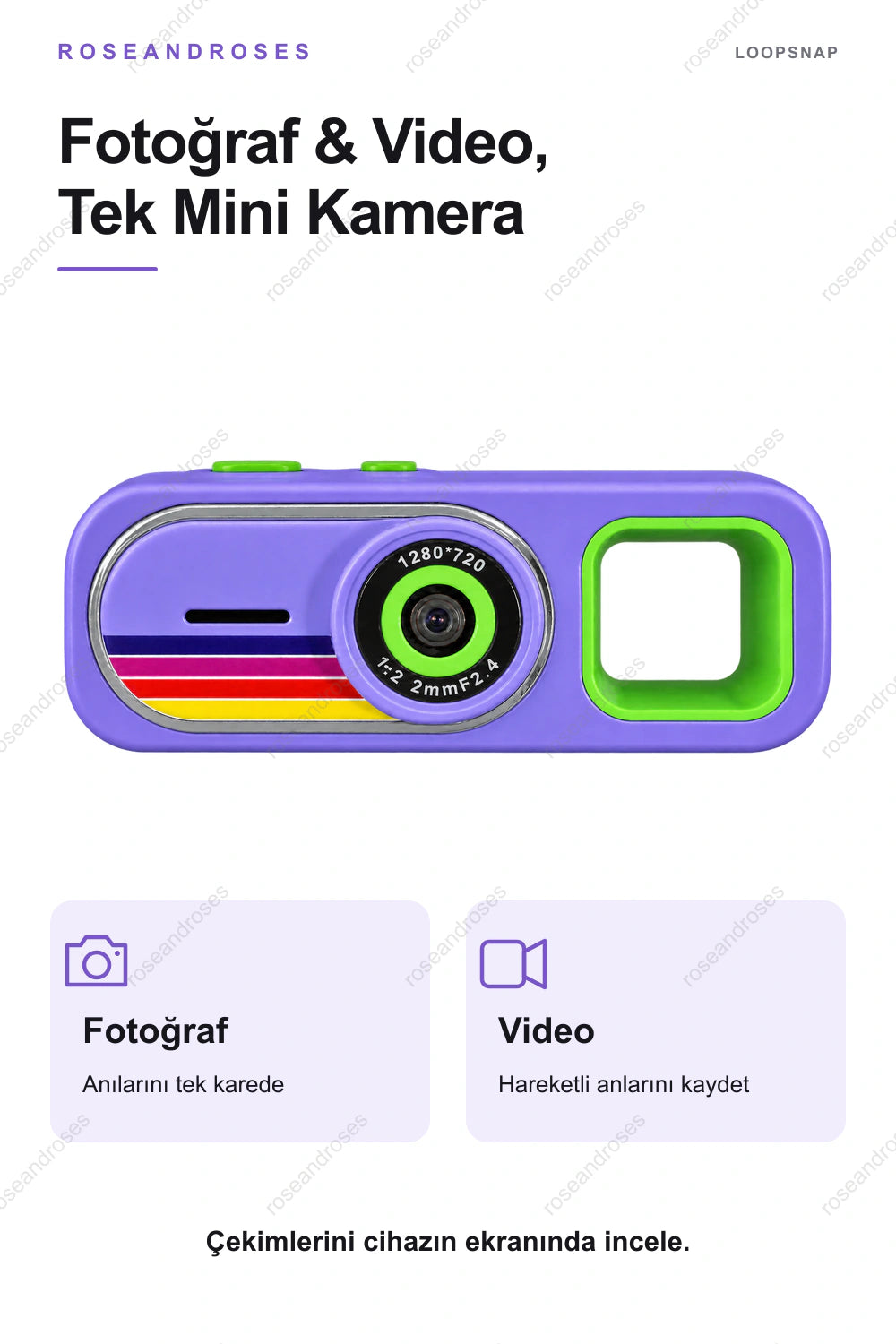 LoopSnap mini kamera ile fotoğraf ve video çekimi (Mor)