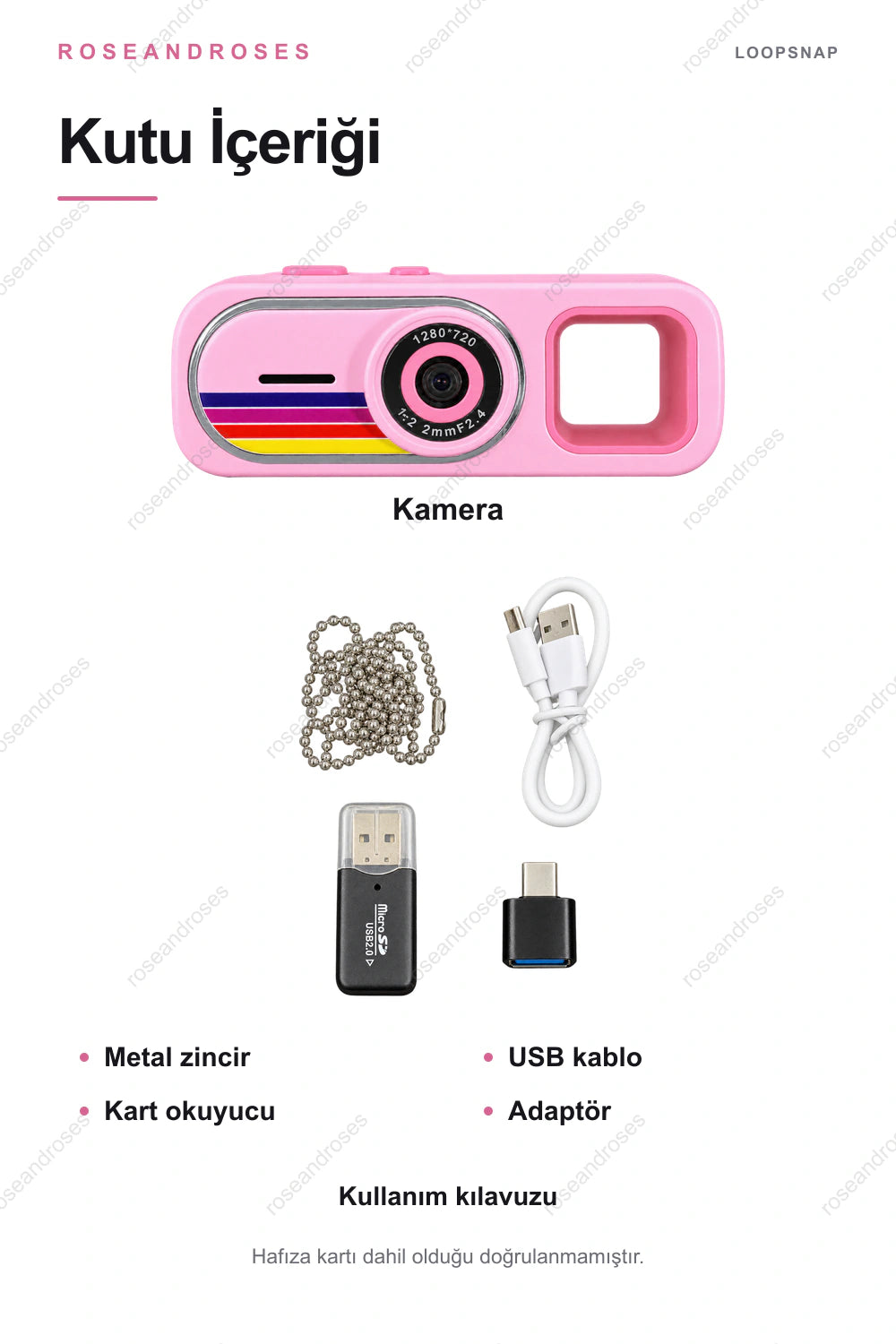 LoopSnap mini kamera kutu içeriği (Pembe)