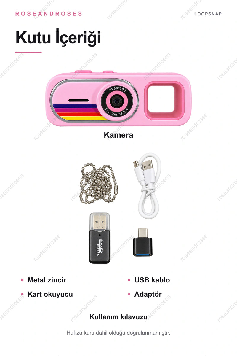 LoopSnap mini kamera kutu içeriği (Pembe)