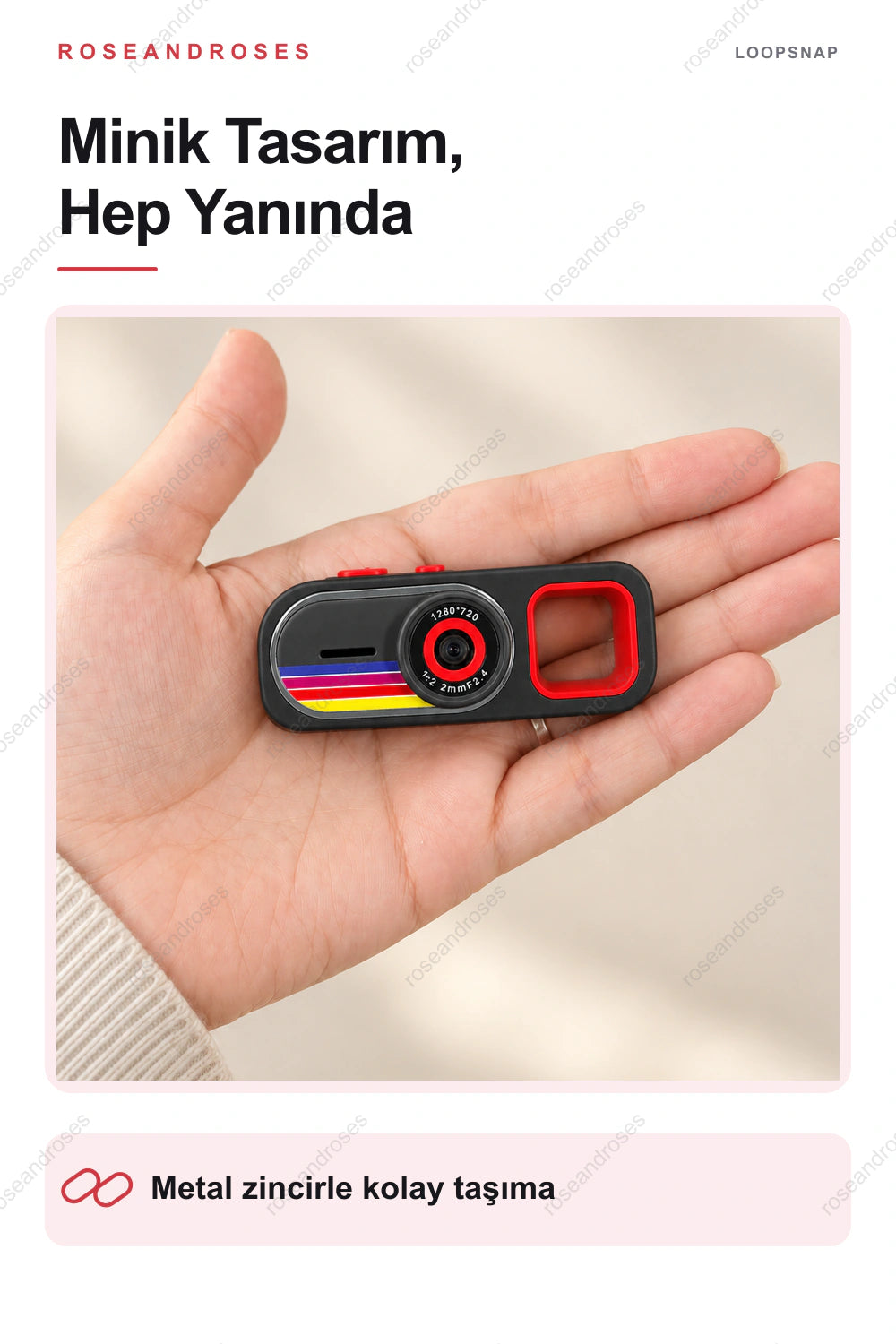 LoopSnap mini kameranın taşınabilir tasarımı ve metal zinciri (Siyah)