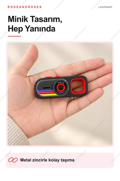 LoopSnap mini kameranın taşınabilir tasarımı ve metal zinciri (Siyah)