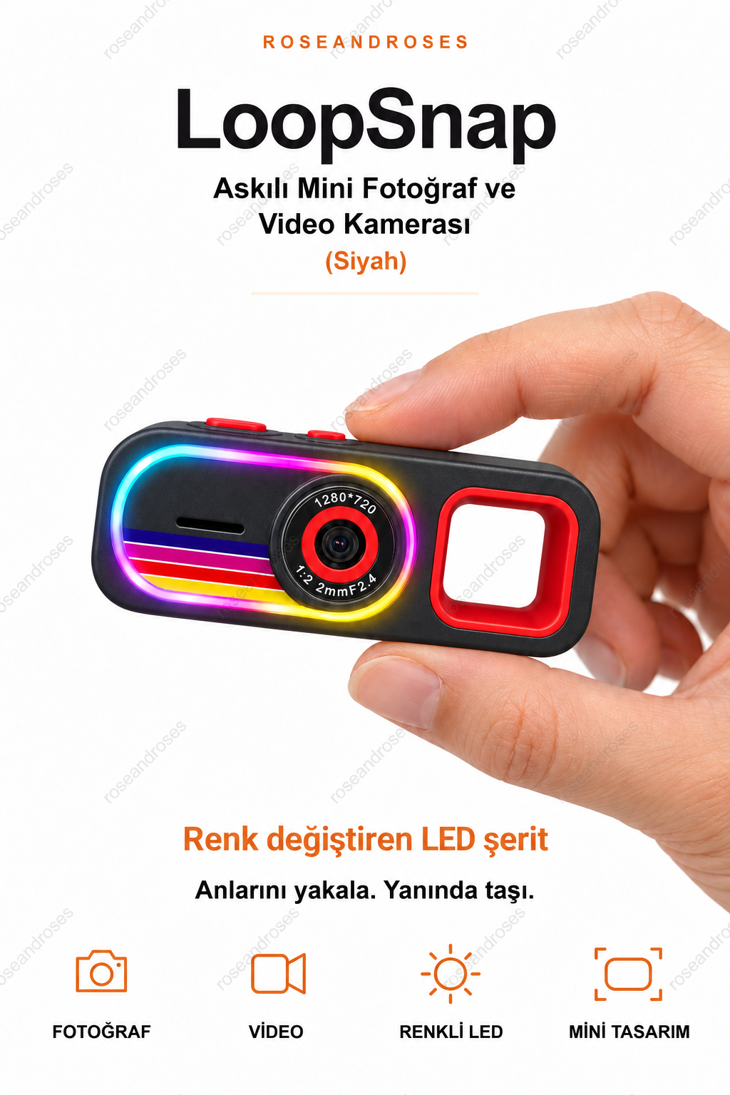 LoopSnap Siyah mini kamera — parmaklar arasında tutuş ve renk değiştiren LED şerit