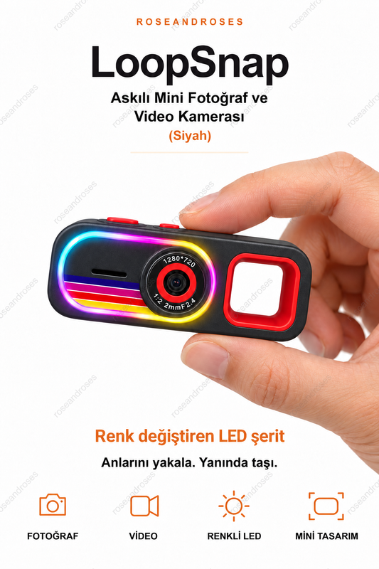 LoopSnap Siyah mini kamera — parmaklar arasında tutuş ve renk değiştiren LED şerit