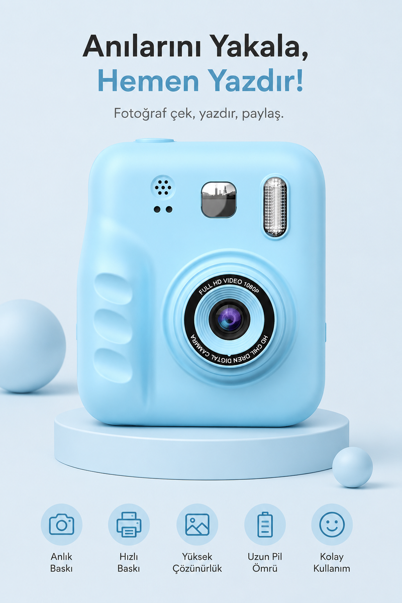 Çift Kameralı Mini Anlık Yazılıcı Printer Kamera (Mavi)