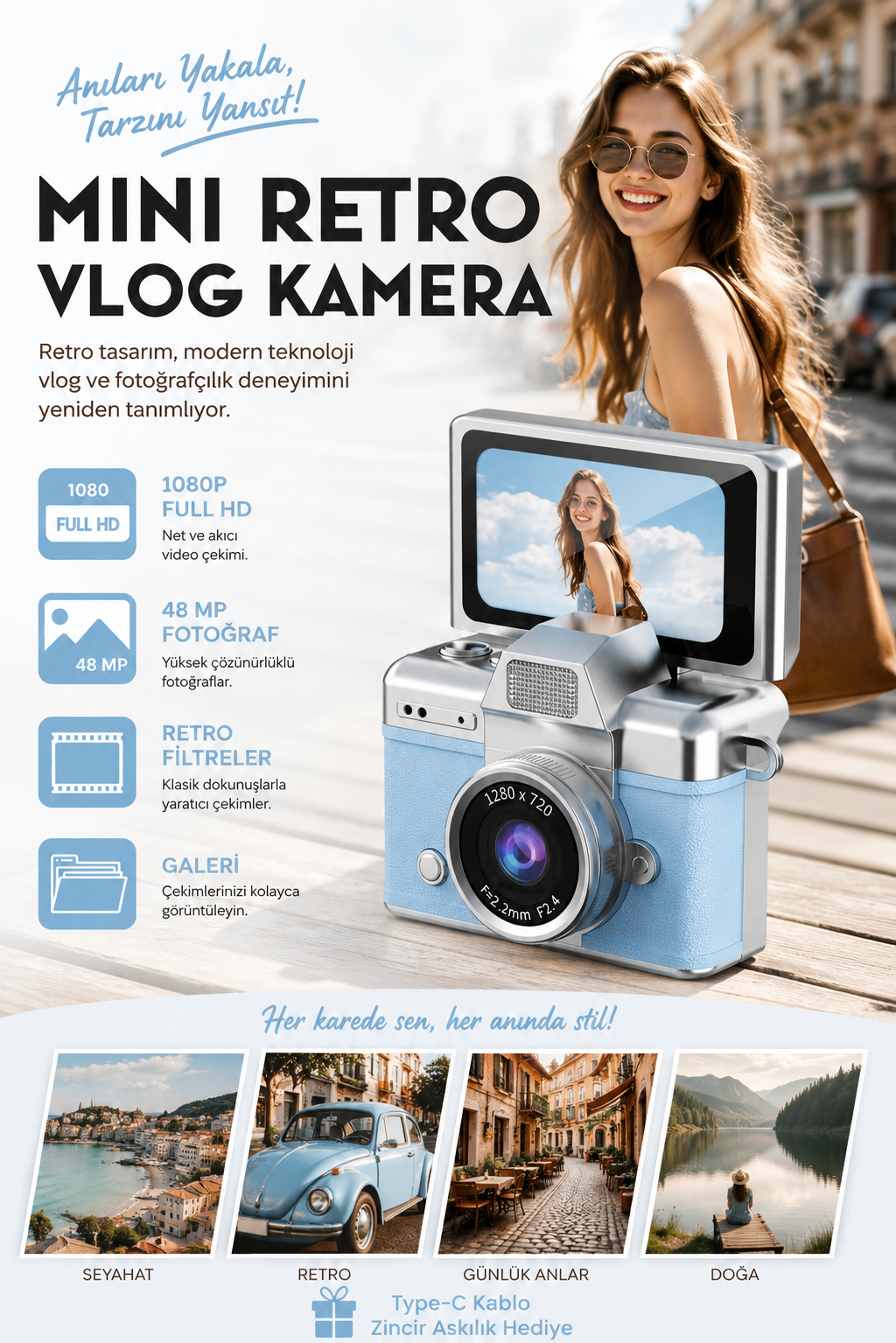 Mini Kamera Dönen Ekran Flaşlı Selfie Video Vlog Kamerası Anahtarlık 1080P+48MP (BebeMavisi)