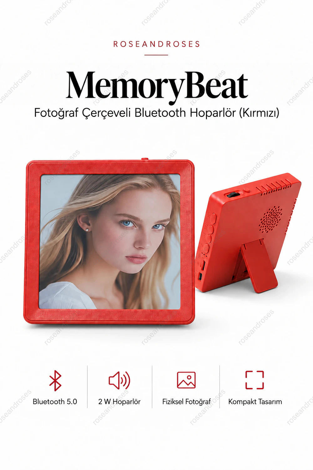 MemoryBeat Fotoğraf Çerçeveli Bluetooth Hoparlör (Kırmızı) – beyaz arka plan ana ürün görseli