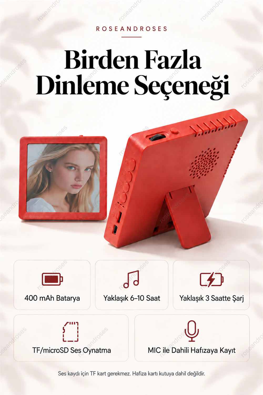 MemoryBeat P9 kirmizi: TF karttan müzik, MIC ile dahili hafızaya ses kaydı