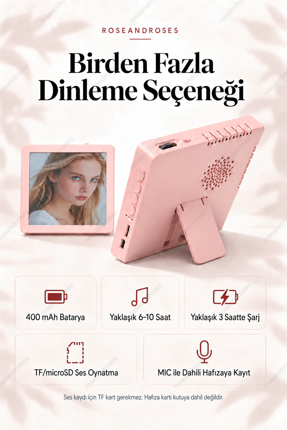 MemoryBeat P9 pembe: TF karttan müzik, MIC ile dahili hafızaya ses kaydı