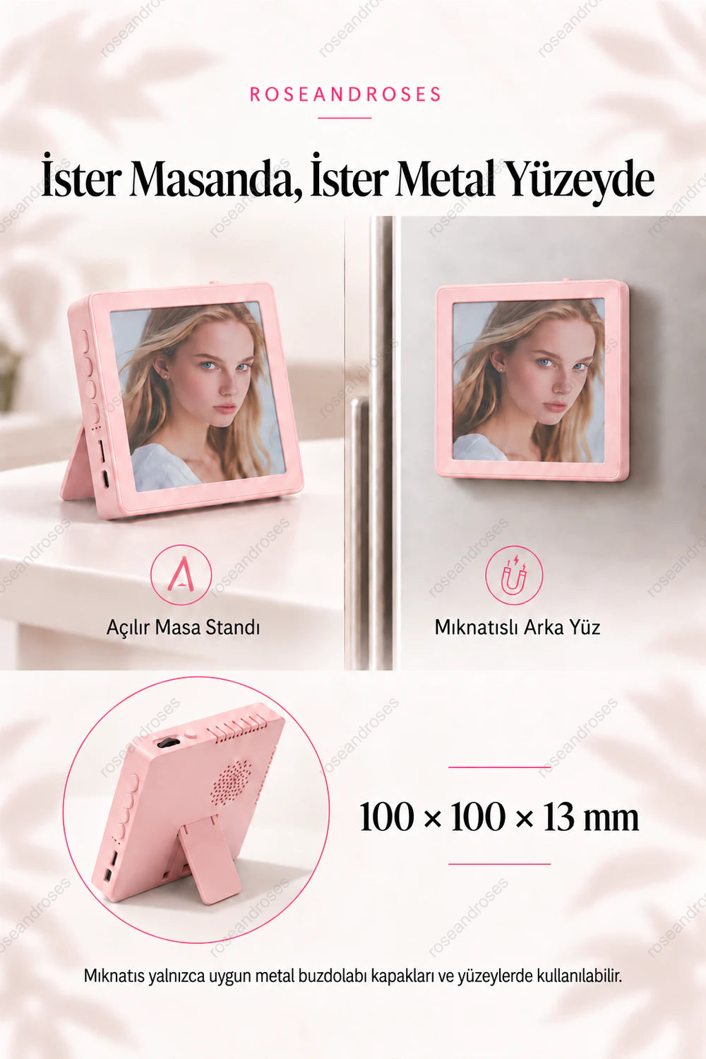 MemoryBeat P9 pembe: masa standı ve uygun metal buzdolabı yüzeyine mıknatıslı kullanım