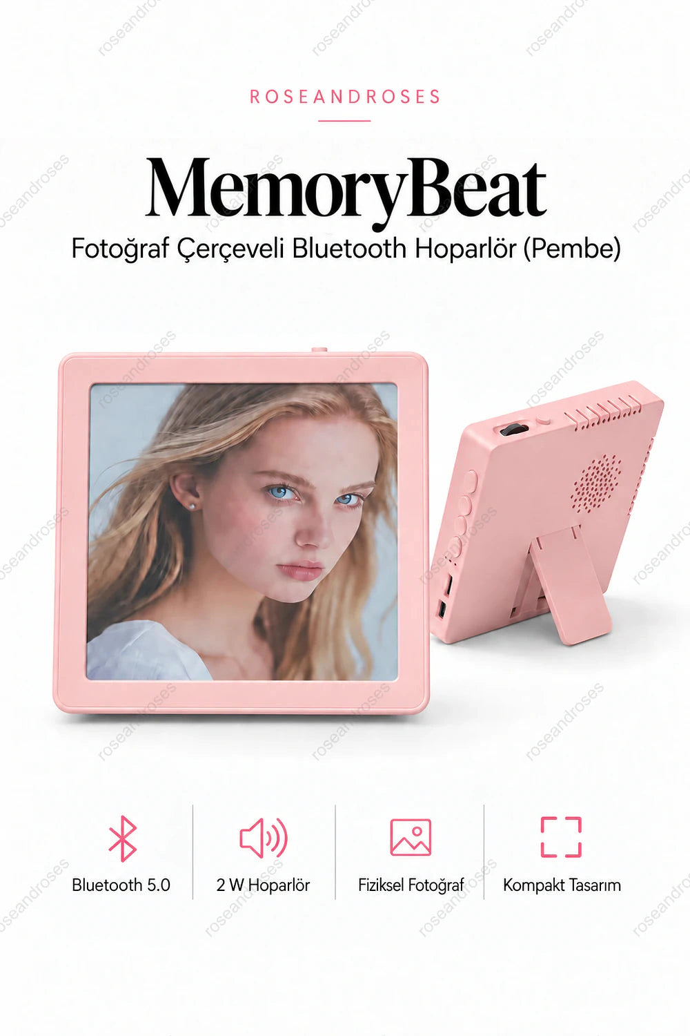 MemoryBeat Fotoğraf Çerçeveli Bluetooth Hoparlör (Pembe) – beyaz arka plan ana ürün görseli