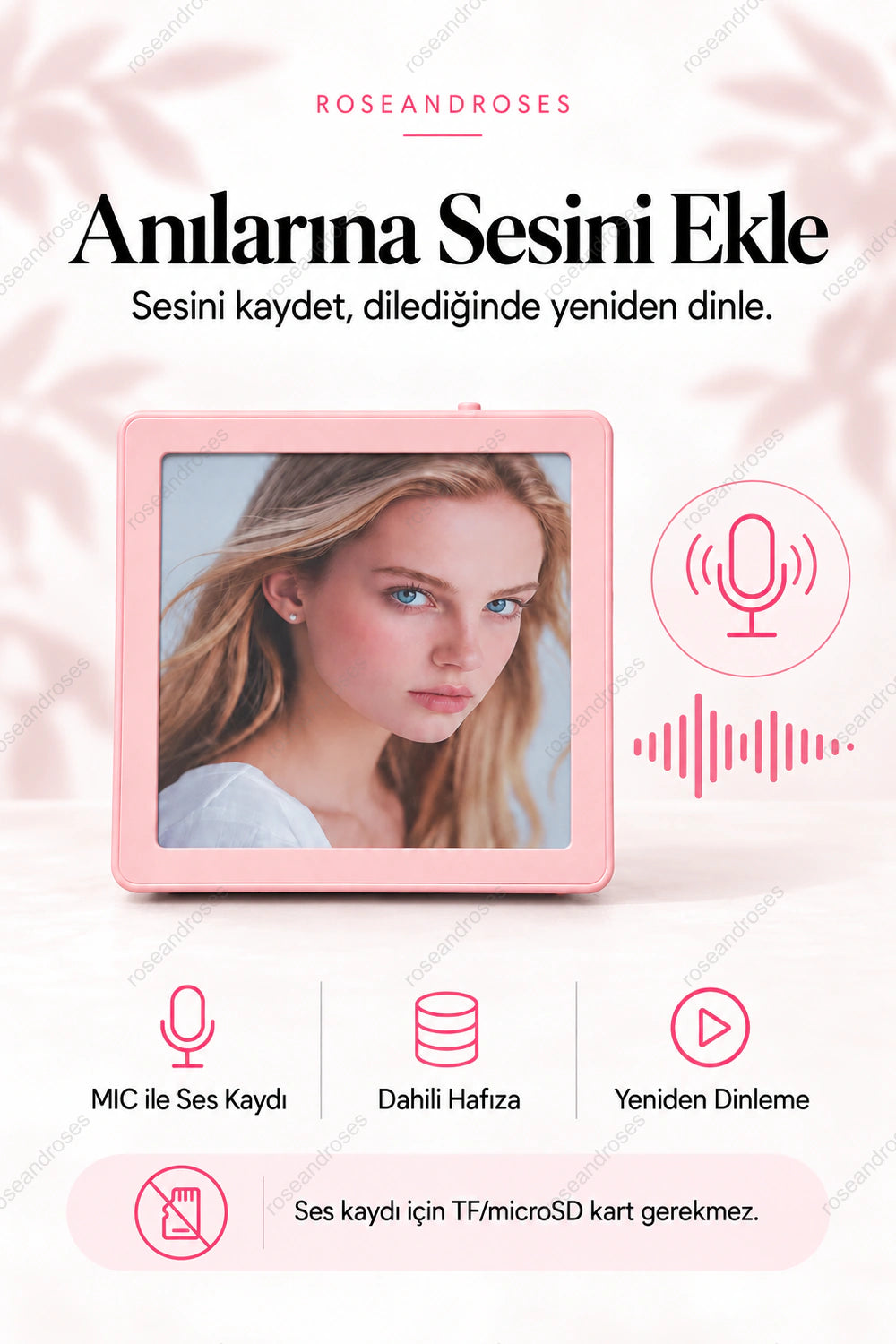 MemoryBeat Pembe: MIC ile dahili hafızaya ses kaydı ve kaydı yeniden dinleme; kayıt için TF/microSD kart gerekmez