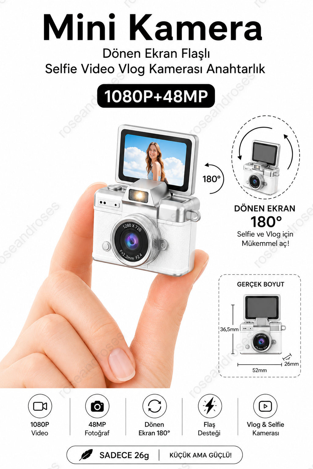 Mini Kamera Dönen Ekran Flaşlı Selfie Video Vlog Kamerası Anahtarlık 1080P+48MP (Beyaz)