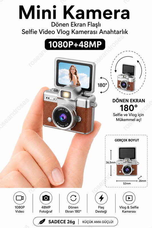 Mini Kamera Dönen Ekran Flaşlı Selfie Video Vlog Kamerası Anahtarlık 1080P+48MP (Kahverengi))