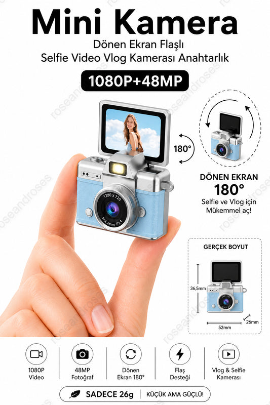 Mini Kamera Dönen Ekran Flaşlı Selfie Video Vlog Kamerası Anahtarlık 1080P+48MP (BebeMavisi)