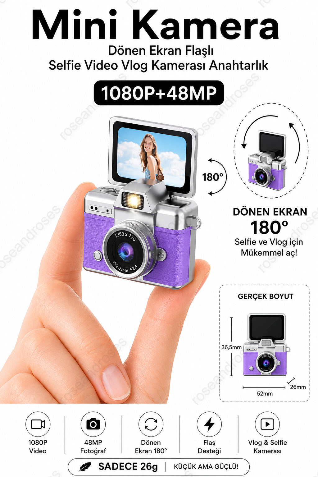 Mini Kamera Dönen Ekran Flaşlı Selfie Video Vlog Kamerası Anahtarlık 1080P+48MP (Mor)