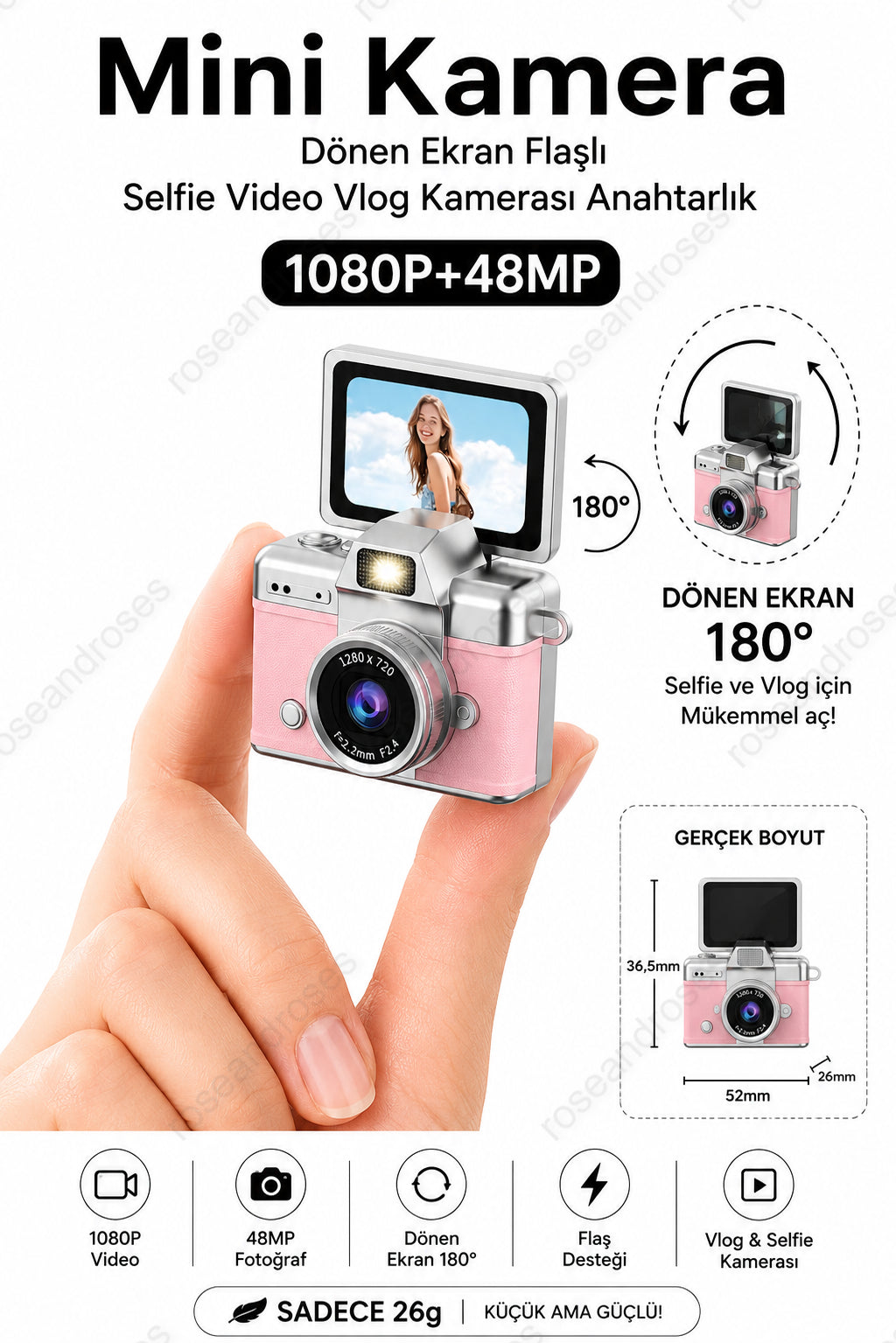 Mini Kamera Dönen Ekran Flaşlı Selfie Video Vlog Kamerası Anahtarlık 1080P+48MP (Pembe)