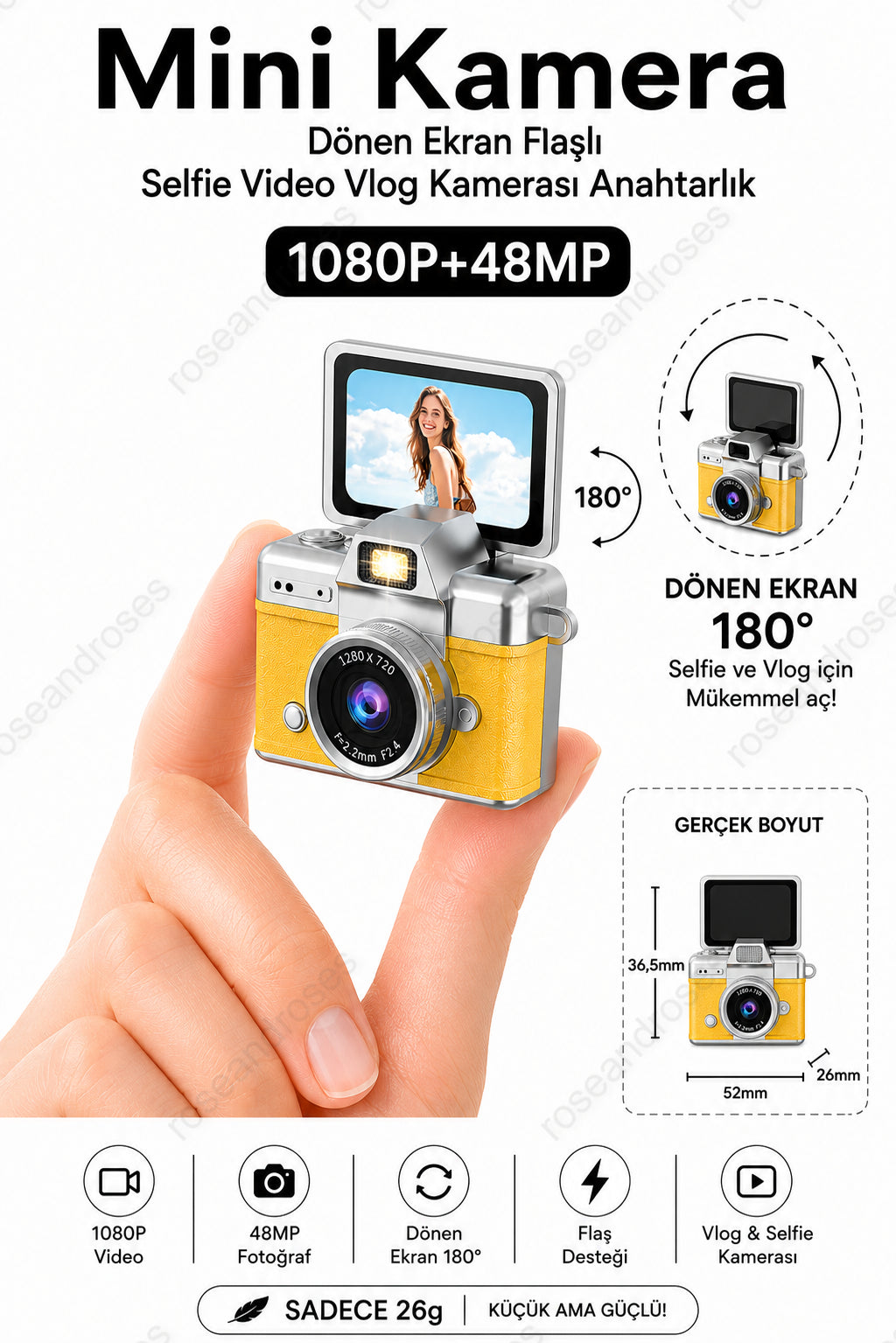 Mini Kamera Dönen Ekran Flaşlı Selfie Video Vlog Kamerası Anahtarlık 1080P+48MP (Sarı)