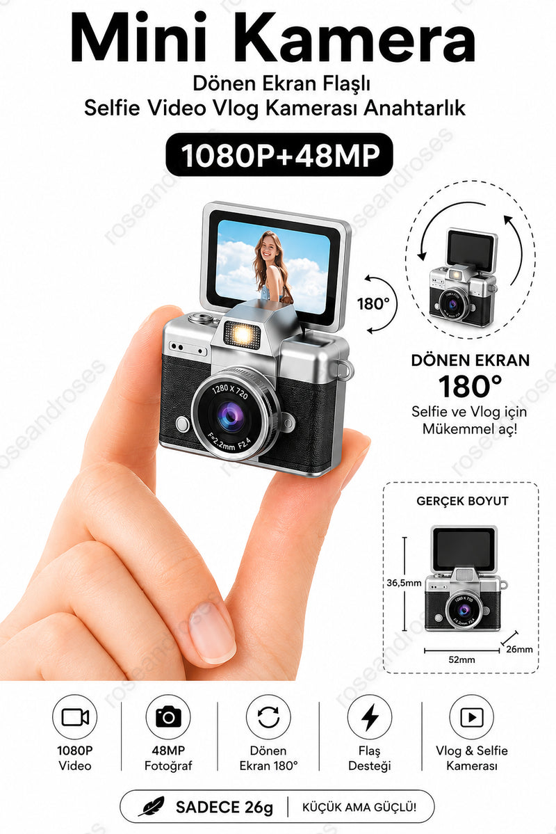 Mini Kamera Dönen Ekran Flaşlı Selfie Video Vlog Kamerası Anahtarlık 1080P+48MP (Siyah)