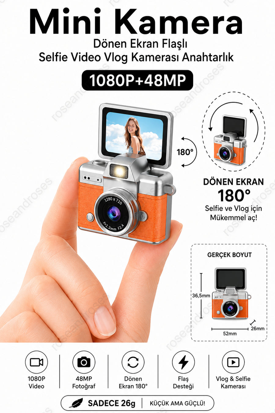 Mini Kamera Dönen Ekran Flaşlı Selfie Video Vlog Kamerası Anahtarlık 1080P+48MP (Turuncu)