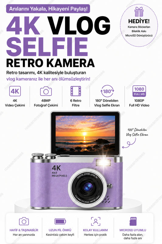 4K Retro Kamera Dönen Ekran Flaşlı Selfie Video Vlog Kamerası (Mor)
