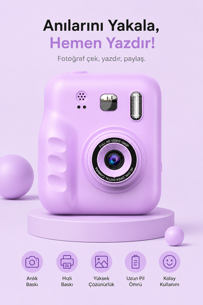 Çift Kameralı Mini Anlık Yazılıcı Printer Kamera (Mor)