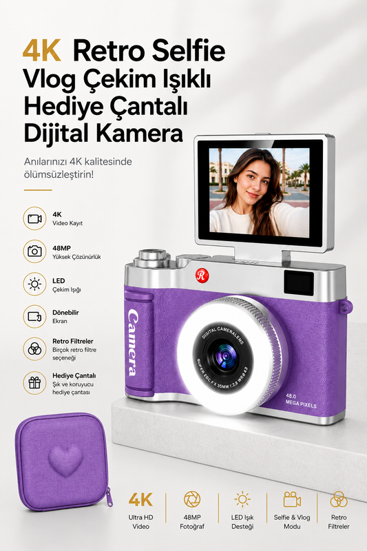 4K Retro Selfie Vlog Çekim Işıklı Hediye Çantalı Dijital Kamera (Mor)