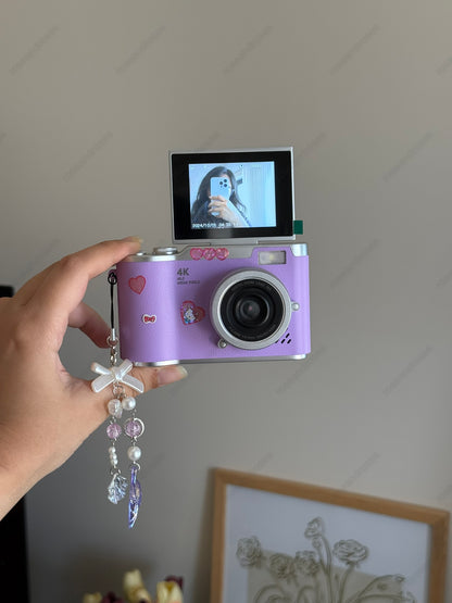 4K Retro Kamera Dönen Ekran Flaşlı Selfie Video Vlog Kamerası (Beyaz)
