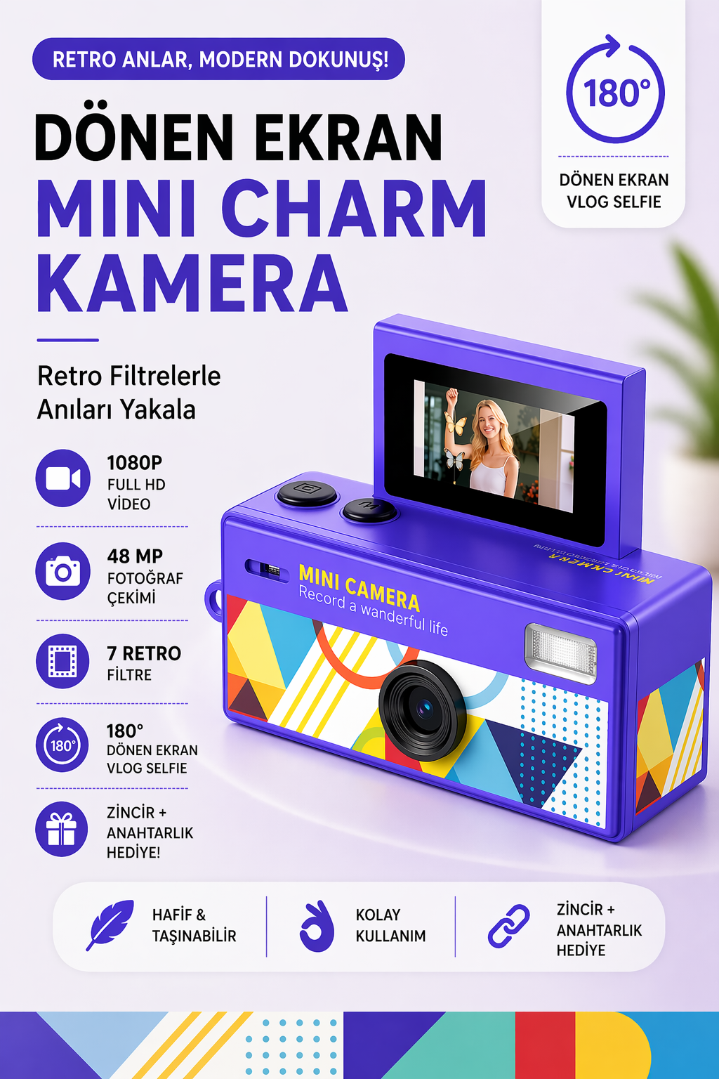 Mini Charm Kamera Dönen Ekran Flaşlı Selfie Video Vlog Kamerası 1080P+48MP (Mor)