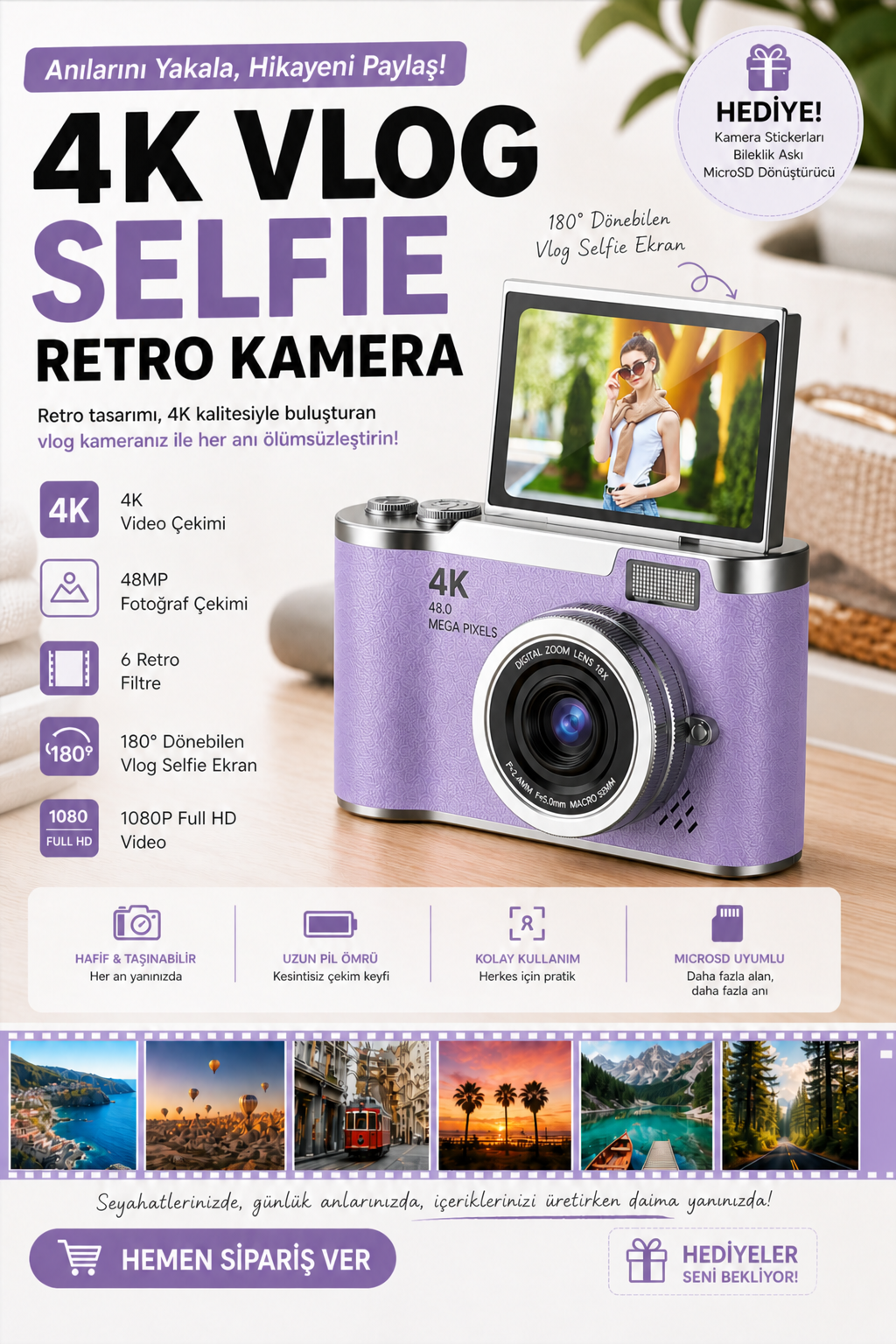 Sticker Hediyeli Retro Kamera Dönen Ekran Flaşlı Selfie Video Vlog Kamerası 4K+48MP (Mor)