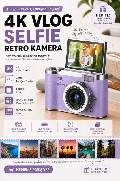 Sticker Hediyeli Retro Kamera Dönen Ekran Flaşlı Selfie Video Vlog Kamerası 4K+48MP (Mor)