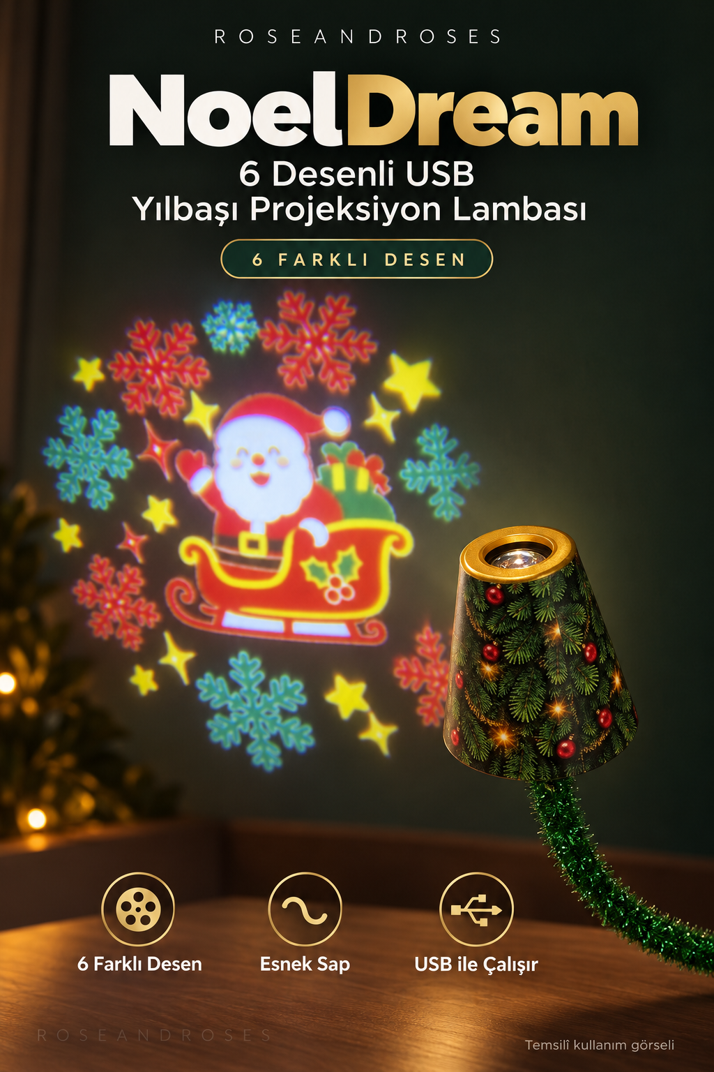 NoelDream 6 desenli USB yılbaşı projeksiyon lambası; gerçek ürün ve Noel Baba desenine dayanan temsilî kullanım görseli, ROSEANDROSES filigranlı