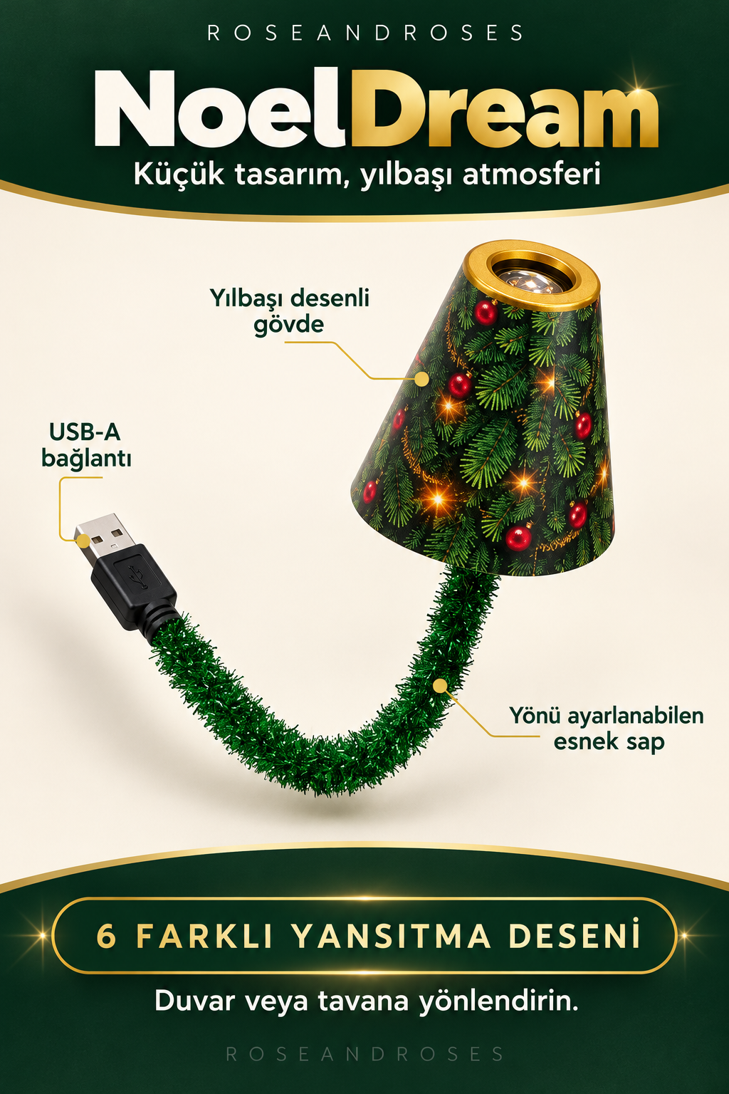 NoelDream yılbaşı projeksiyon lambasının USB-A bağlantısı, yeşil süslemeli esnek sapı ve desenli gövdesi; temsilî ürün görseli