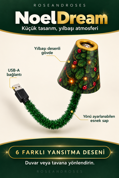 NoelDream yılbaşı projeksiyon lambasının USB-A bağlantısı, yeşil süslemeli esnek sapı ve desenli gövdesi; temsilî ürün görseli