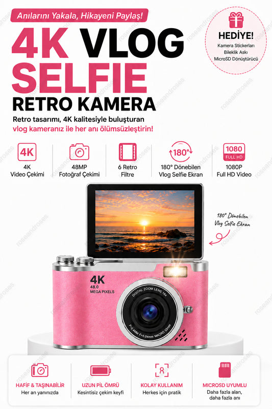4K Retro Kamera Dönen Ekran Flaşlı Selfie Video Vlog Kamerası (Pembe)