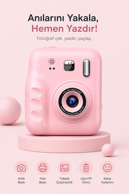 Çift Kameralı Mini Anlık Yazılıcı Printer Kamera (Pembe)