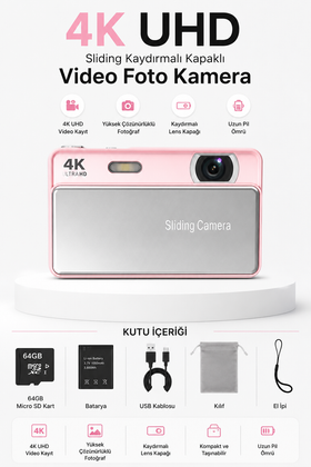 4K UHD Sliding Kamera – Kaydırmalı Lens Kapaklı Video Foto Kamera (Pembe)