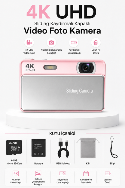 4K UHD Sliding Kamera – Kaydırmalı Lens Kapaklı Video Foto Kamera (Pembe)