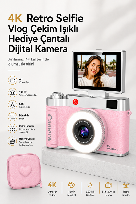 4K Retro Selfie Vlog Çekim Işıklı Hediye Çantalı Dijital Kamera (Pembe)