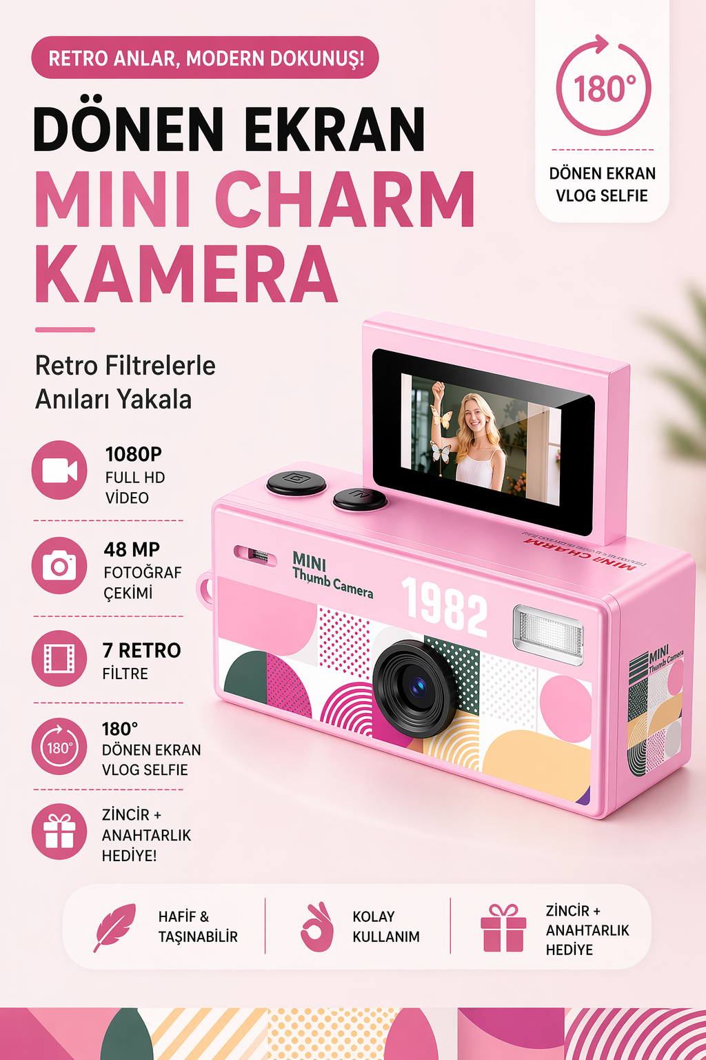 Mini Charm Kamera Dönen Ekran Flaşlı Selfie Video Vlog Kamerası 1080P+48MP (Pembe)