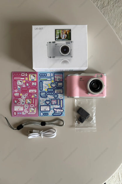 4K Retro Kamera Dönen Ekran Flaşlı Selfie Video Vlog Kamerası (Pembe)