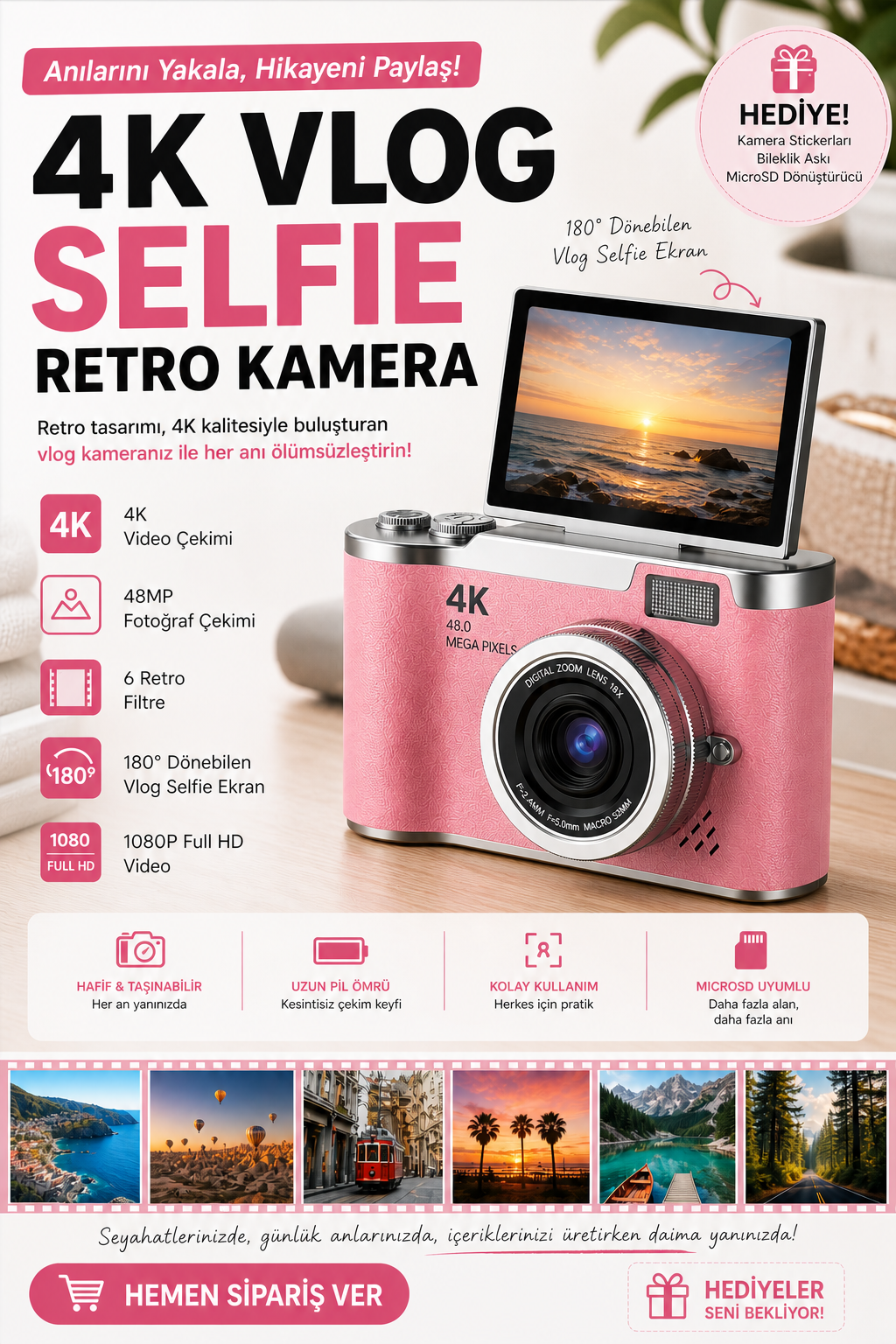 Sticker Hediyeli Retro Kamera Dönen Ekran Flaşlı Selfie Video Vlog Kamerası 4K+48MP (Pembe)