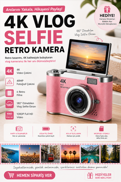 Sticker Hediyeli Retro Kamera Dönen Ekran Flaşlı Selfie Video Vlog Kamerası 4K+48MP (Pembe)