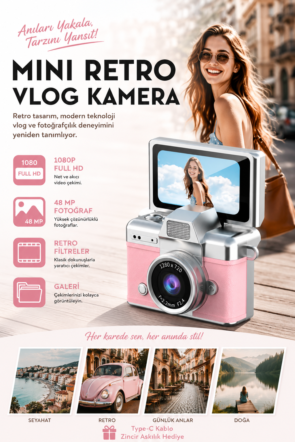 Mini Kamera Dönen Ekran Flaşlı Selfie Video Vlog Kamerası Anahtarlık 1080P+48MP (Pembe)