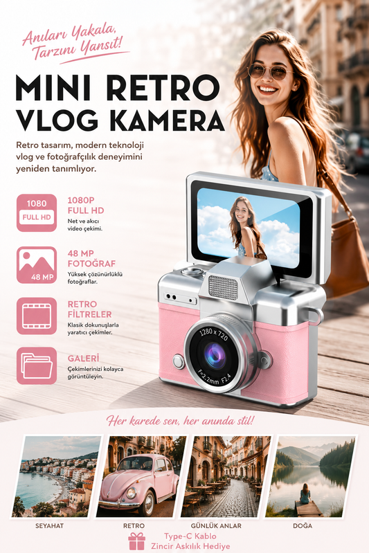 Mini Kamera Dönen Ekran Flaşlı Selfie Video Vlog Kamerası Anahtarlık 1080P+48MP (Pembe)